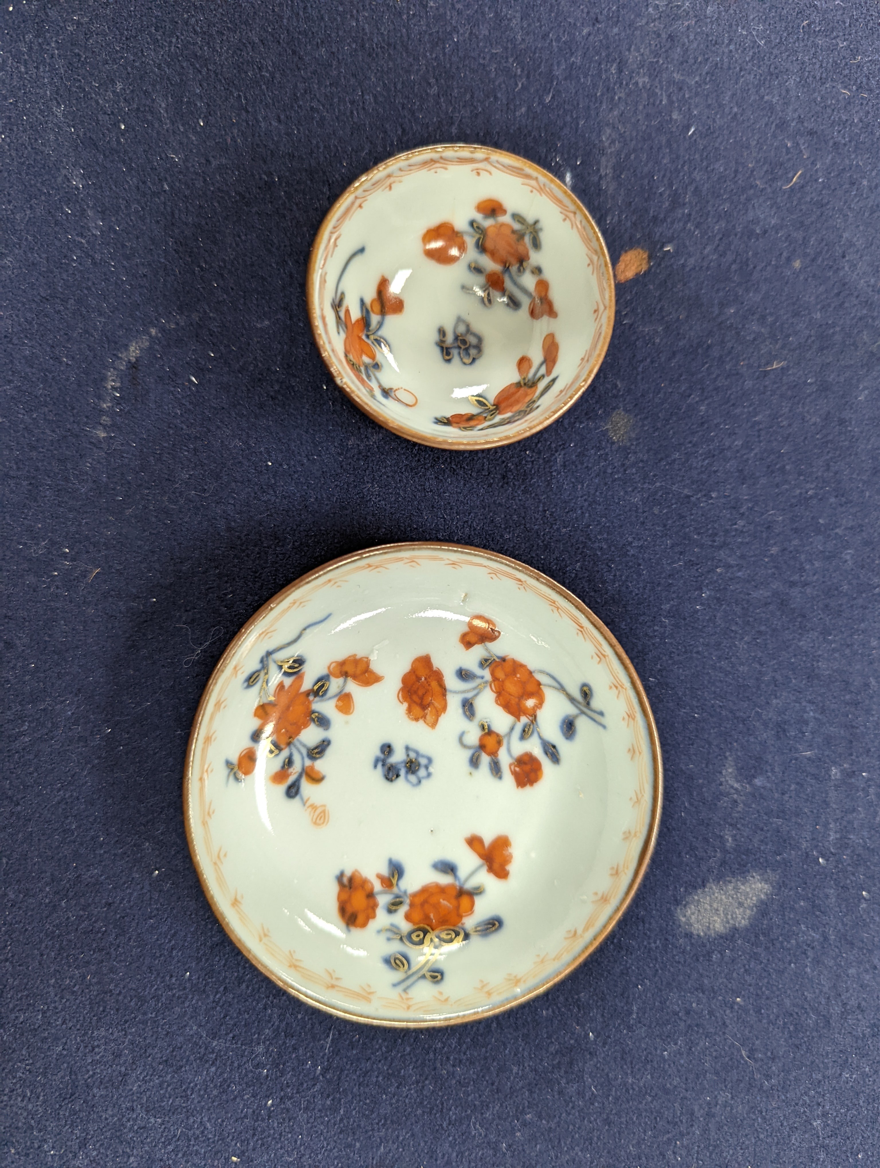 Six Chinese export porcelain teabowls and saucers, Kangxi to early Qianlong period. Provenance - Mona Sattin collection of miniature cups and saucers, collection no.s 310, 317, 324-326 and 328.